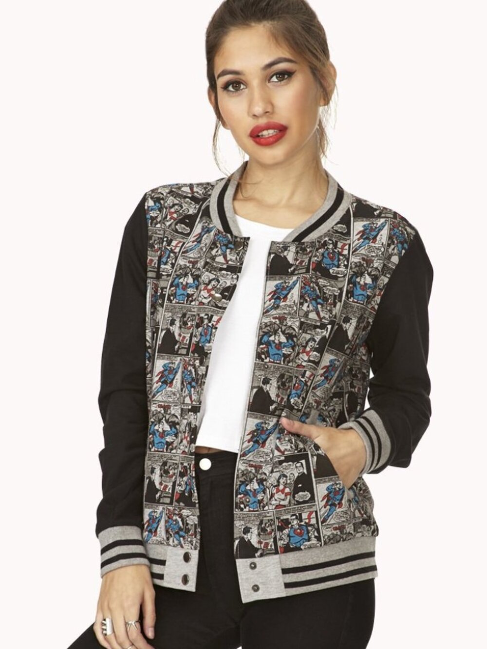 Forever 21 Black Grey Superman Varsity Comic BomberJacket Small S